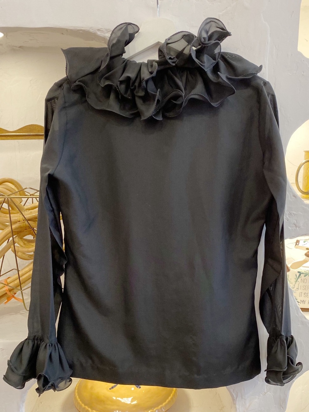 Extravagant Vintage Black Mesh Long Sleeve Button Up w/ Ruffled Collar & Sleeves - Picture 5 of 7